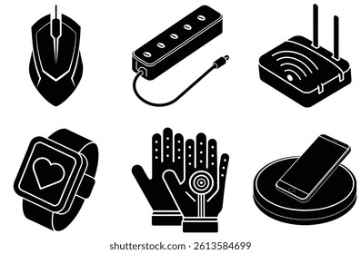 Six black and white icons depicting modern tech devices: mouse, power strip, router, smartwatch, smart gloves, and wireless charger.