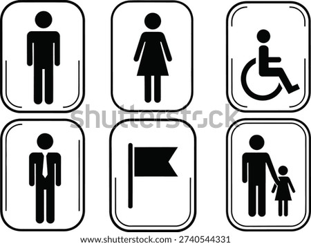 Six black and white icons depicting restroom signs for men, women, accessible restrooms, family restrooms, and flags