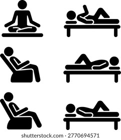 Six black and white icons showing different relaxation and massage poses