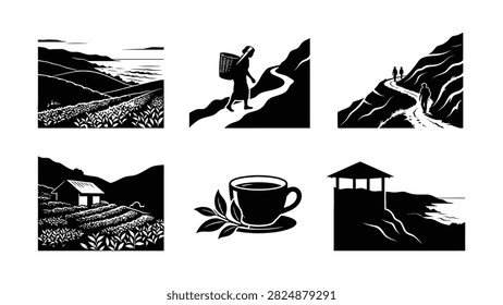 Six black and white illustrations depict farming hiking tea rural house mountain path and coastal pavilion