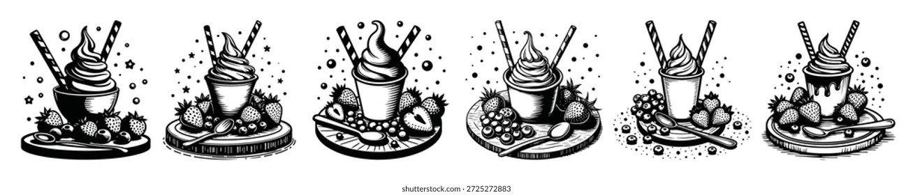 Sechs schwarz-weiße Illustrationen von Eisbeeren mit Beeren