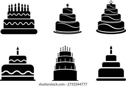 Six black and white illustrations of multi-tiered cakes with candles and decorative frosting