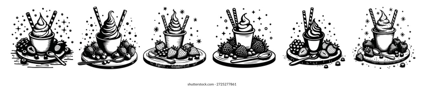 Six black and white illustrations of soft serve ice cream with strawberries and blueberries