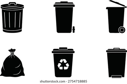 Six black and white images of various trash cans and recycling bins with different designs and features.