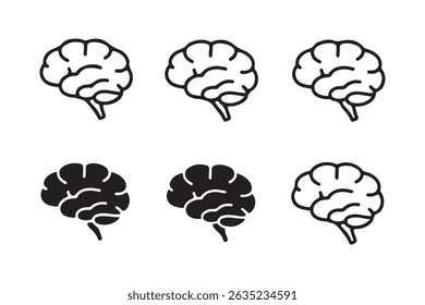 Six black and white line art illustrations of a human brain.