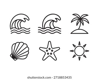 Seis línea en blanco y negro de la playa y la isla de palmera de la onda del océano