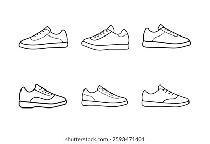 Six black and white line drawings of sneakers.