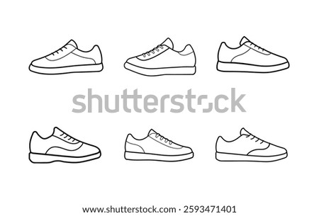 Six black and white line drawings of sneakers.