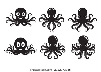 Seis pulpo blanco y negro con diferentes expresiones faciales y tentáculo de dibujos animados de la criatura marina