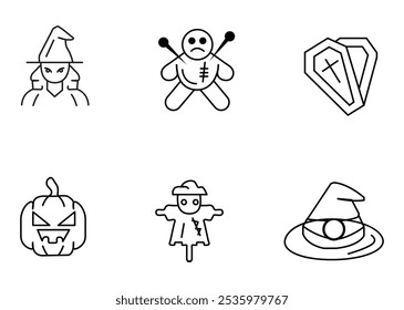 Seis iconos de contorno en blanco y negro que representan símbolos de Halloween: una bruja, una muñeca vudú, dos ataúdes, una calabaza, un espantapájaros y un sombrero de bruja.