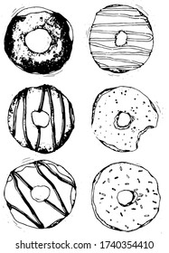 six black and white sketch donuts