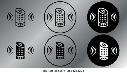 six black and white speaker icons in black circles showing sound on a gray background
