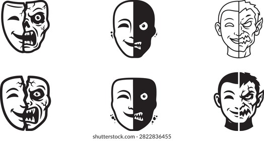 Six black and white of split faces, each showing a happy side and a scary, monstrous, or zombie side. These expressive masks represent dual...