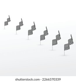 Six black and white sport flags silhouettes for start and finish lines. Checkered flags perspective background with gradient white wallpaper