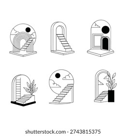 Six black and white of staircases in various architectural settings architecture