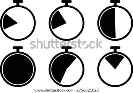 Six black and white stopwatch showing different time intervals and progress levels Keywords