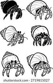 Seis estudios en blanco y negro de cangrejos ermitaños en conchas, con líneas de arte detalladas, texturas angustiadas y Elementos de siluetas audaces de la fauna marina