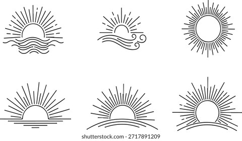 Seis amanecer blanco y negro con diferentes fondos y estilos rayas alinean el amanecer sobre el agua