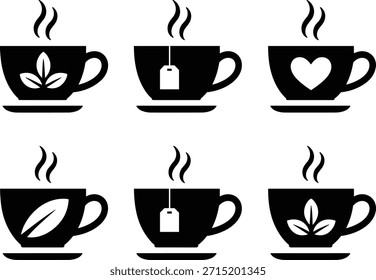 Seis tazas de té blancas y negras con vapor y diferentes símbolos