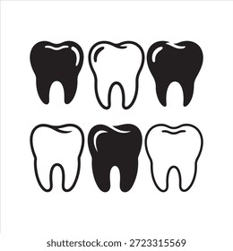 Seis dentes pretos e brancos dispostos em duas fileiras de dentes dentários