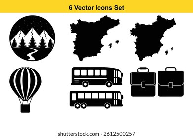 Six black and white vector icons depicting travel, transportation, and Spain