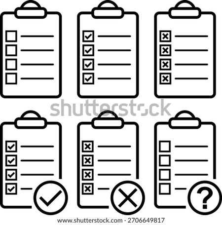 Six black and white vector icons illustrating clipboards with different checklist states: empty, partially checked, partially crossed out, and with large status symbols.