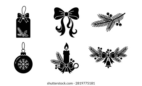 Six black and white vector illustrations showing holiday gift tag bow greenery bauble candle and bell designs