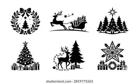 Six black and white vector illustrations showing Christmas wreath reindeer trees gifts sleigh and snowflake designs