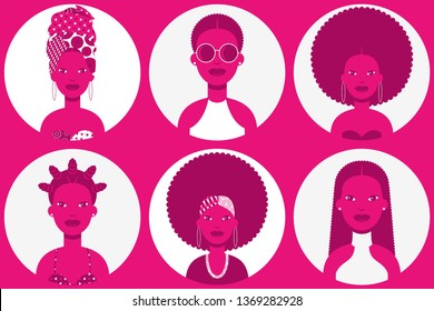 Six black women flat icons isolated on white round backgrounds. Circle vector avatars of black female fashion in crimson white plum colors