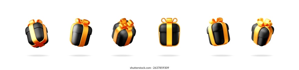 Six black and yellow gift box icons for holiday present. 3d vector render isolated object. Birthday, Christmas, New Year element.