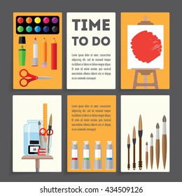 Six blank cards with the design of tools and materials for creative work