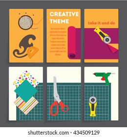 Six blank cards with the design of tools and materials for creative work