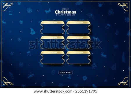 Six Blank Christmas Voucher Template  with copy space and shop now button. Merry Christmas and Happy Holidays Christmas coupon banner with of xmas decoration ornament illustrations and golden frame.