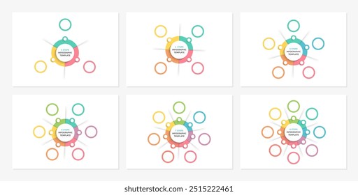 Conjunto de seis Plantillas de diagrama de círculo en blanco - 3, 4, 5, 6, 7 y 8 partes, infografías de círculo, ilustración de Vector eps10