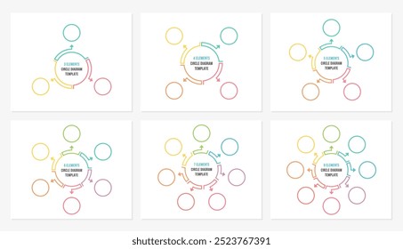 Seis modelos de diagrama de círculo em branco conjunto - 3, 4, 5, 6, 7 e 8 partes, infográficos de círculo, vetor eps10 ilustração