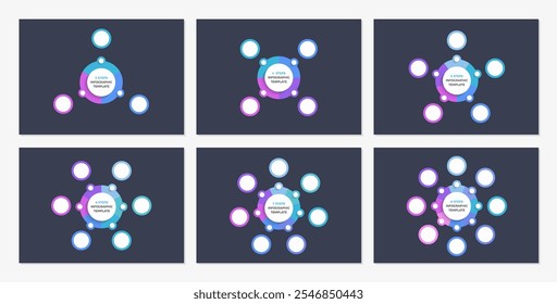 Seis modelos de diagrama de círculo em branco conjunto - 3, 4, 5, 6, 7 e 8 partes, infográficos círculo, tema escuro, vetor eps10 ilustração