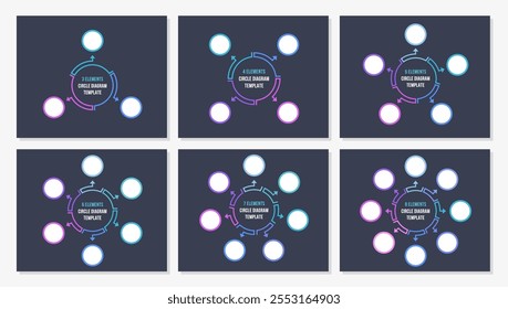 Seis modelos de diagrama de círculo em branco conjunto - 3, 4, 5, 6, 7 e 8 partes, infográficos círculo, tema escuro, vetor eps10 ilustração