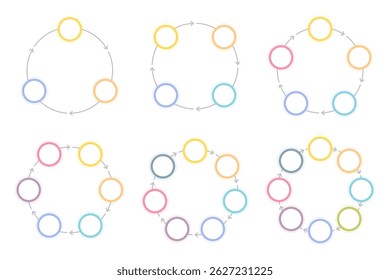 Six blank circle diagram templates set - 3, 4, 5, 6, 7 and 8 parts, circle infographics set, vector eps10 illustration