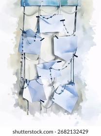 Seis envelopes em branco presos com pinos de roupas à rede de corda pendurada na parede e decorados com grinalda de contas; vetor aquarela simbolizando saudações de férias, correspondência, resoluções de Ano Novo.