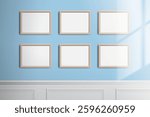 six blank picture frames on the blue wall classic interilor window light mock up vector illustration