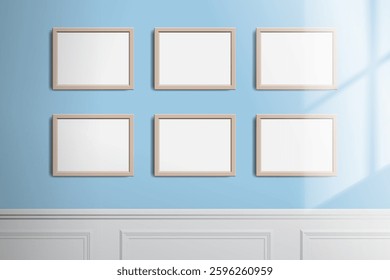 six blank picture frames on the blue wall classic interilor window light mock up vector illustration