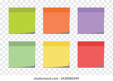 six blank sticky notes isolated on transparent background. Discussing business, teamwork, brainstorming concept. Set of multicolored sticky notes paper copy space collection isolated on white