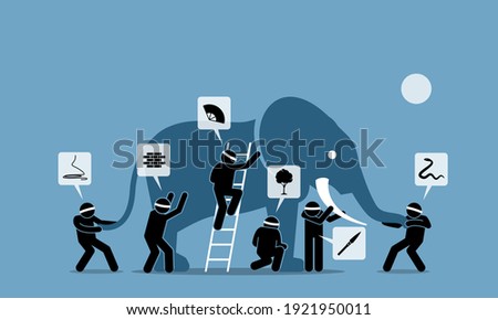 Six blind men touching an elephant. Vector illustrations depict six blindfolded people with different perceptions, impressions, ideas, opinions, beliefs, and interpretation towards an elephant.