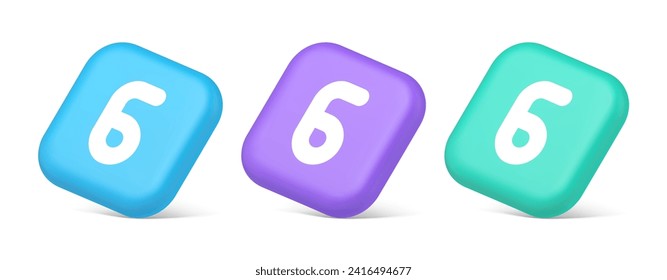 Seis calculadora de número de botón azul financiador conteo de la interfaz de usuario teclado panel 3d iconos realistas azul morado y verde. Sexta aplicación web de contabilidad de caracteres numéricos