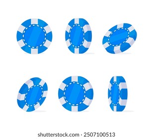 Six blue casino chips rotating slowly, gleaming under light, representing different aspects of gambling excitement. Vibrant hues catch the eye, symbolizing luck and fortune