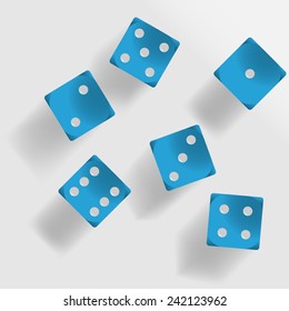 Six blue dice with shadow on grey background illustration