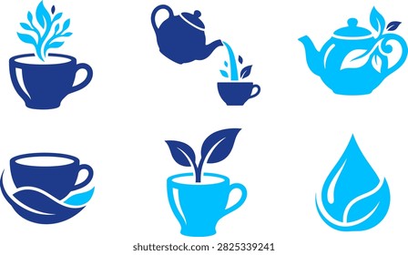 Six blue and navy icons for tea and water. Teacups, teapots, pouring tea, water drop, organic leaves. Beverage branding.