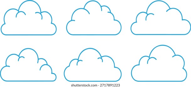 Seis Formas de nube delineadas azules en una fila sobre un fondo blanco
