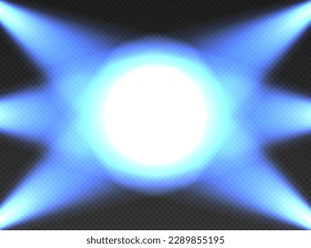 Six blue searchlights top view. Cone lights from bottom with darkened edges. Volumetric spotlight effect on dark background. Empty studio or concert scene. 3d rendering.