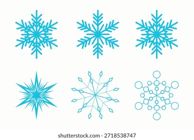 Six blue snowflake icons set with geometric shapes for winter season graphics and cold weather holiday celebrations